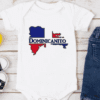 white baby bodysuit with the Dominican Republic Island in red and blue. The word Dominicanito is written horizontally through the middle of the island.
