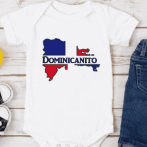 white baby bodysuit with the Dominican Republic Island in red and blue. The word Dominicanito is written horizontally through the middle of the island.