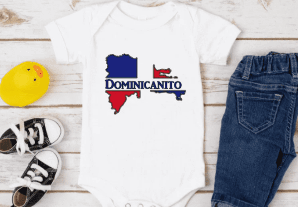white baby bodysuit with the Dominican Republic Island in red and blue. The word Dominicanito is written horizontally through the middle of the island.