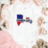 White baby bodysuit with the Dominican Republic island in the colors red and blue. The word Dominicanita is written through the center of the island.