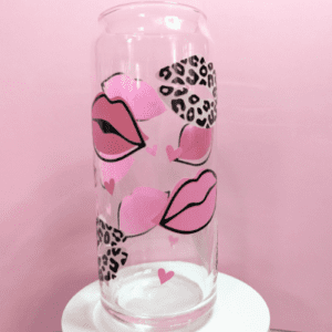 Glass can with pink lips and leopard overlay on lips