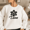 White crewneck sweatshirt with the Taino sun and the word Taino written underneath in Black