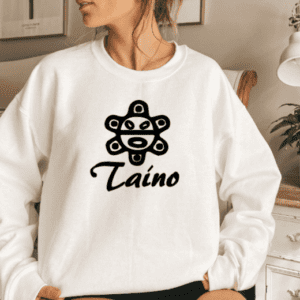 White crewneck sweatshirt with the Taino sun and the word Taino written underneath in Black