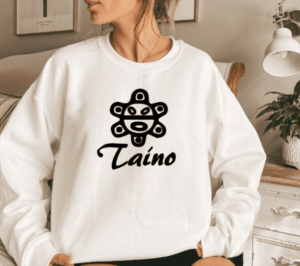 White crewneck sweatshirt with the Taino sun and the word Taino written underneath in Black
