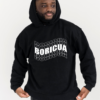 man wearing a black hoodie with the word Boricua echoed written in wavy font in white.