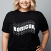 woman wearing a black t-shirt with the word Boricua echoed written in a wavy font in white