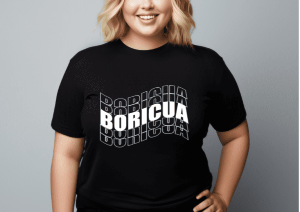 woman wearing a black t-shirt with the word Boricua echoed written in a wavy font in white