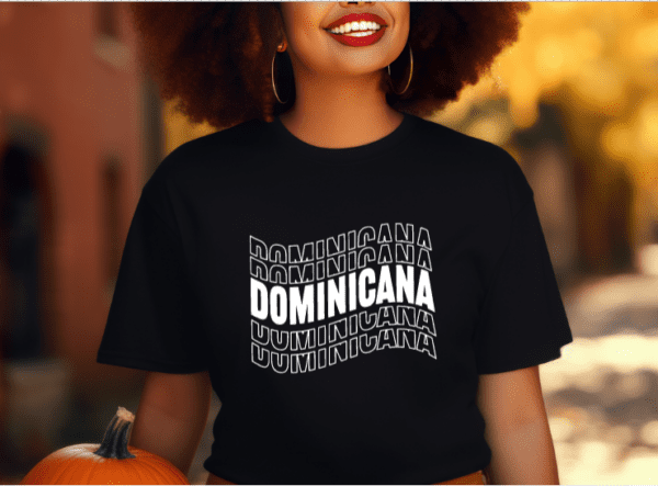 Woman wearing black t-shirt with the word Dominicana printed in a wave font accross the chest in white color.