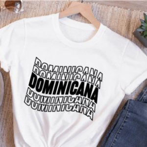 White t-shirt with the word "Dominicana" written in a wavy font in the color black.