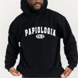 Man wearing a black hoodie with the word "Papiologia PhD" written in white across the chest.
