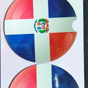 Round car coasters with notch for easy installation and removal. Designed with the Dominican Republic Flag.