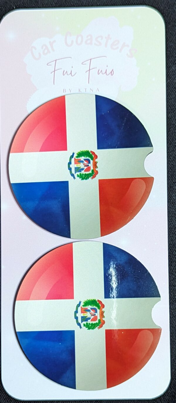 Round car coasters with notch for easy installation and removal. Designed with the Dominican Republic Flag.
