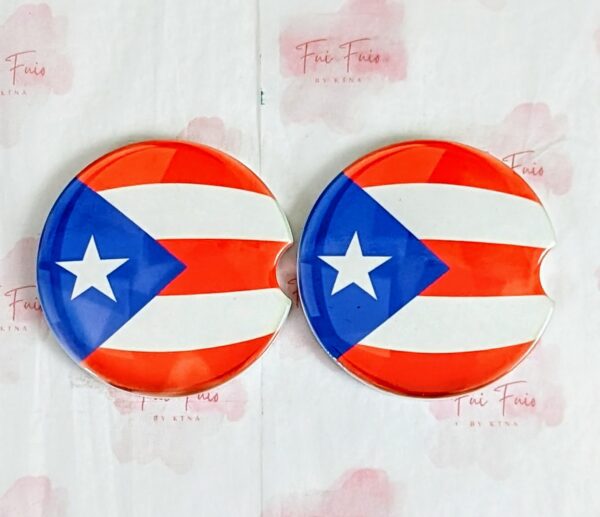 Puerto Rican flag car coasters with notch for easy removal.
