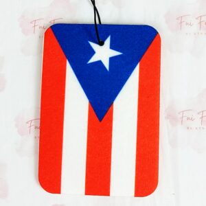 Car air freshener with the design of the Puerto Rican flag vertically. Black stretchy string to hang from rearview mirror.