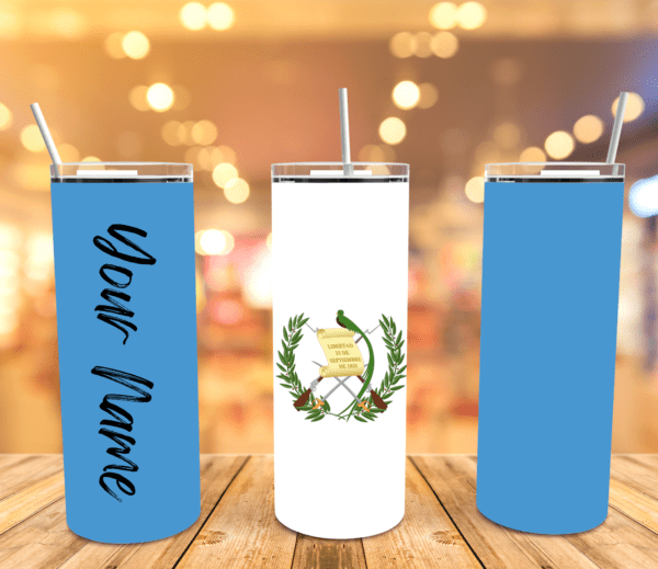 20 oz stainless steel tumbler with the Guatemala Flag, The phrase "Your Name" is written on the side so that shoppers will know this item can be personalized with their name.