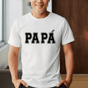 Older man with white t-shirt with the word "Papa" written on the front in black. The last A in Papa has an accent over it as it is the Latino way of pronouncing it.
