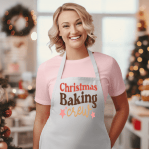 Woman wearing a white apron with the colorful phrase Christmas Baking Crew on the front