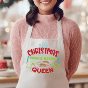 woman wearing a white Christmas apron with the phrase Christmas Queen on the front
