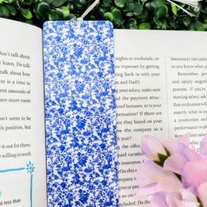 Blue Floral Metal Bookmark with Tassel – Double Sided
