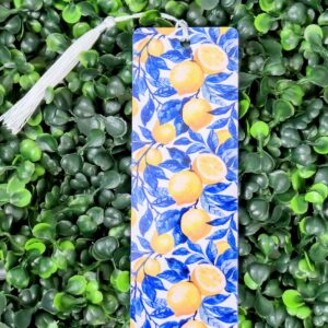 Lemons and Blue Leaves Metal Bookmark with Tassel – Double Sided