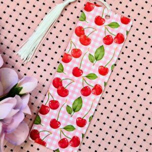 Cherry Gingham Bookmark - Double-Sided with White Tassel