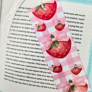 Strawberry Gingham and Bows Bookmark - Double-Sided with White Tassel
