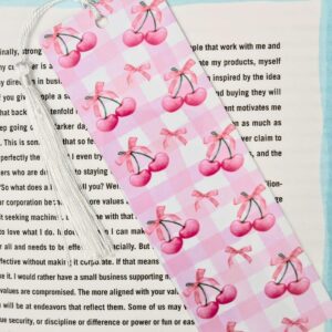 Cherry Gingham and Bows Bookmark - Double-Sided with White Tassel