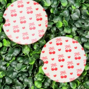 Red Cherries with Hearts Car Coasters - MDF with Cork Backing (Set of 2)