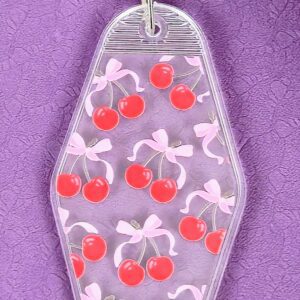 Red Cherries and Pink Bows Acrylic Motel Keychain - Clear Retro Tag