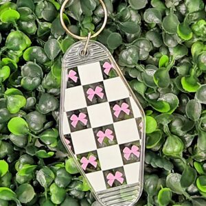 Pink Bows & Checkered Acrylic Motel Keychain - Clear Retro Tag