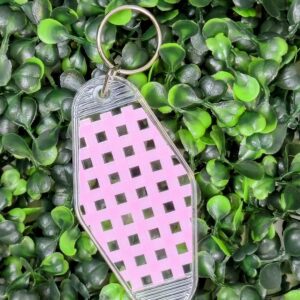 Pink Checkered Gingham-Esque Acrylic Motel Keychain - Clear Retro Tag