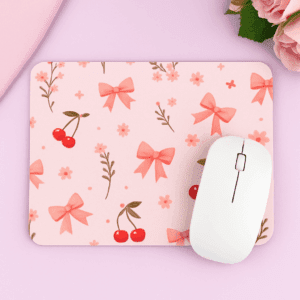 Cute Pink Cherry & Bow Mouse Pad – Girly Office Decor