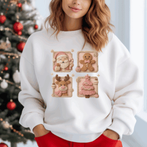 Festive Holiday Sweatshirt - Santa, Gingerbread, Reindeer & Pink Tree, Cozy Christmas Pullover